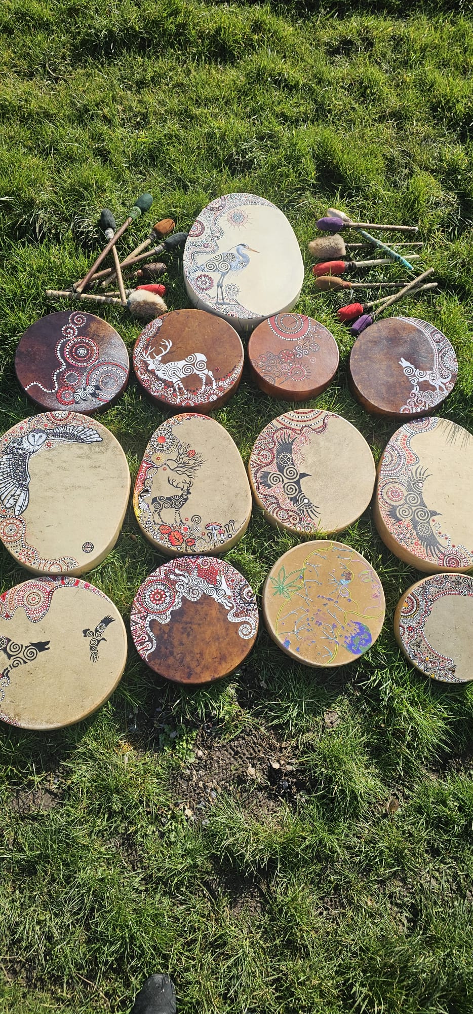 All 13 lunar moon drums laid out on grass — Guinness World Record attempt