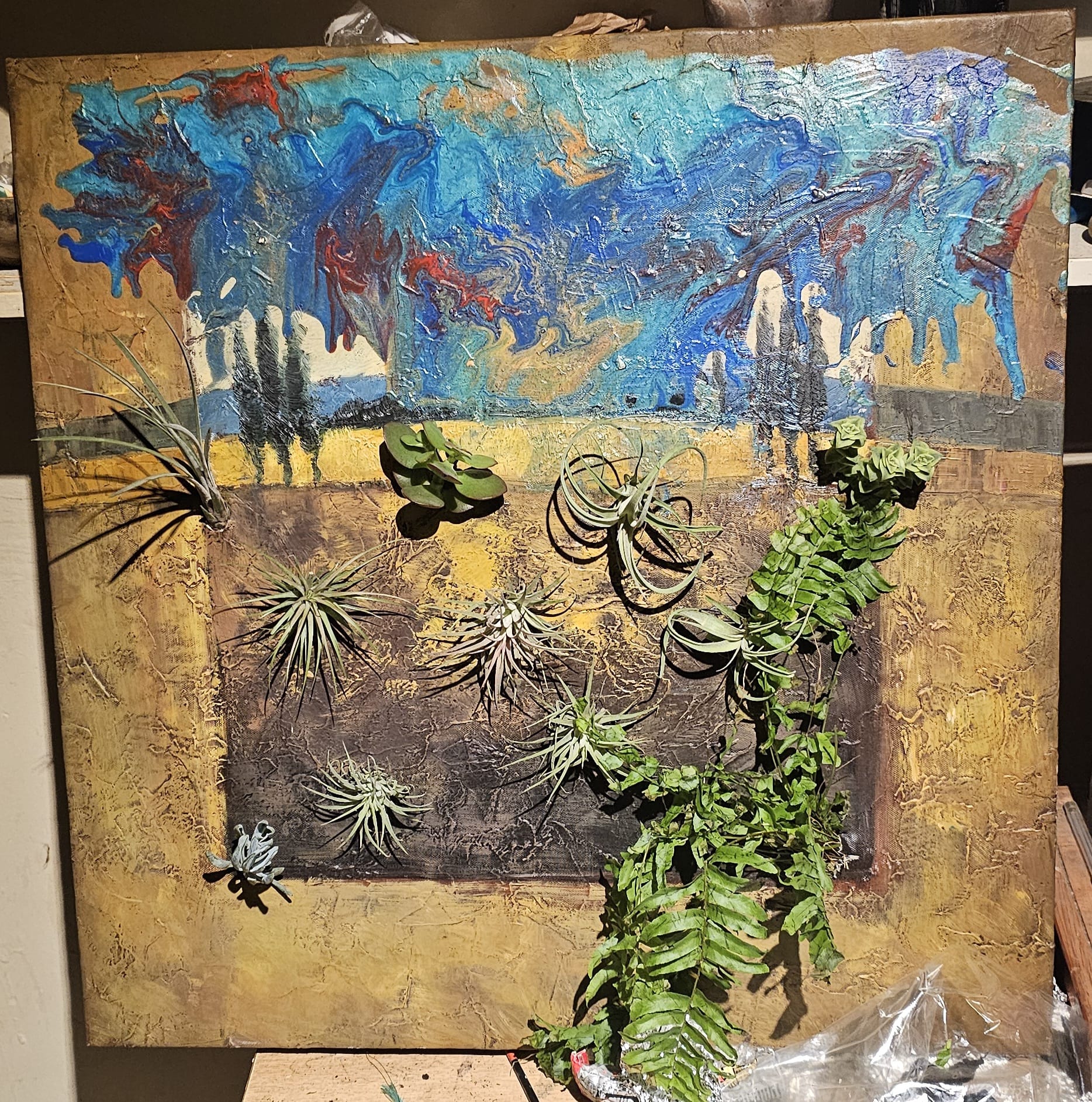 Large mixed media abstract painting with air plants