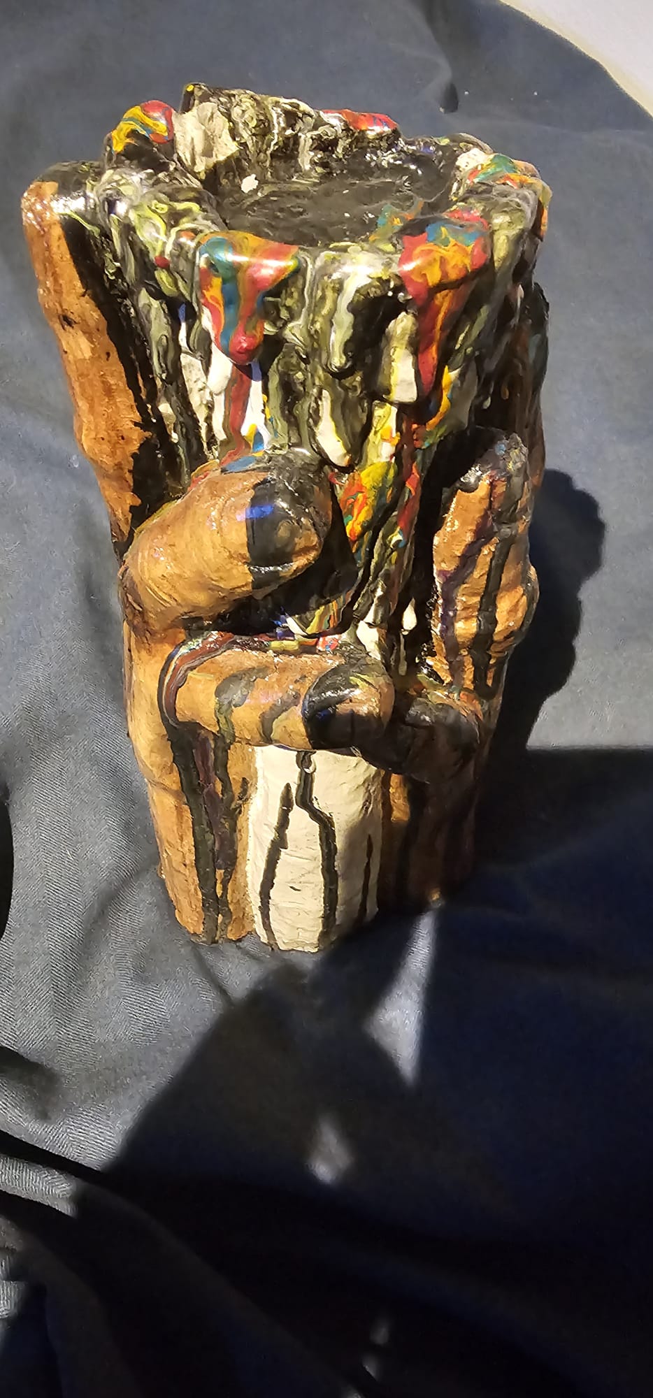 Carved wood sculpture with pour paint — organic form