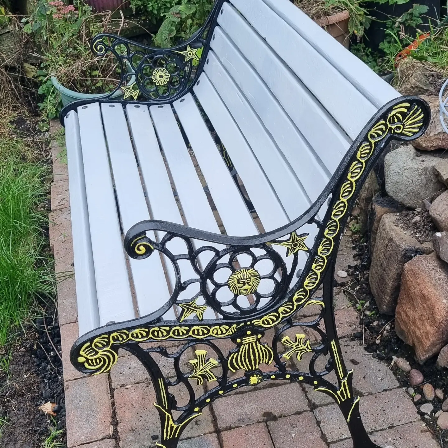 Celestial bench — white with black and gold star and sun detail