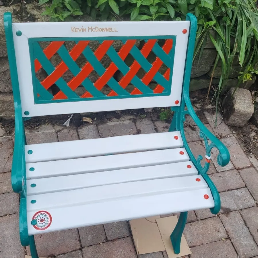 Teal and orange personalised bench — Kevin McDonnell