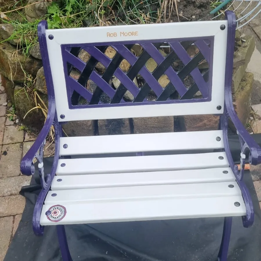 Purple personalised bench — Rob Moore