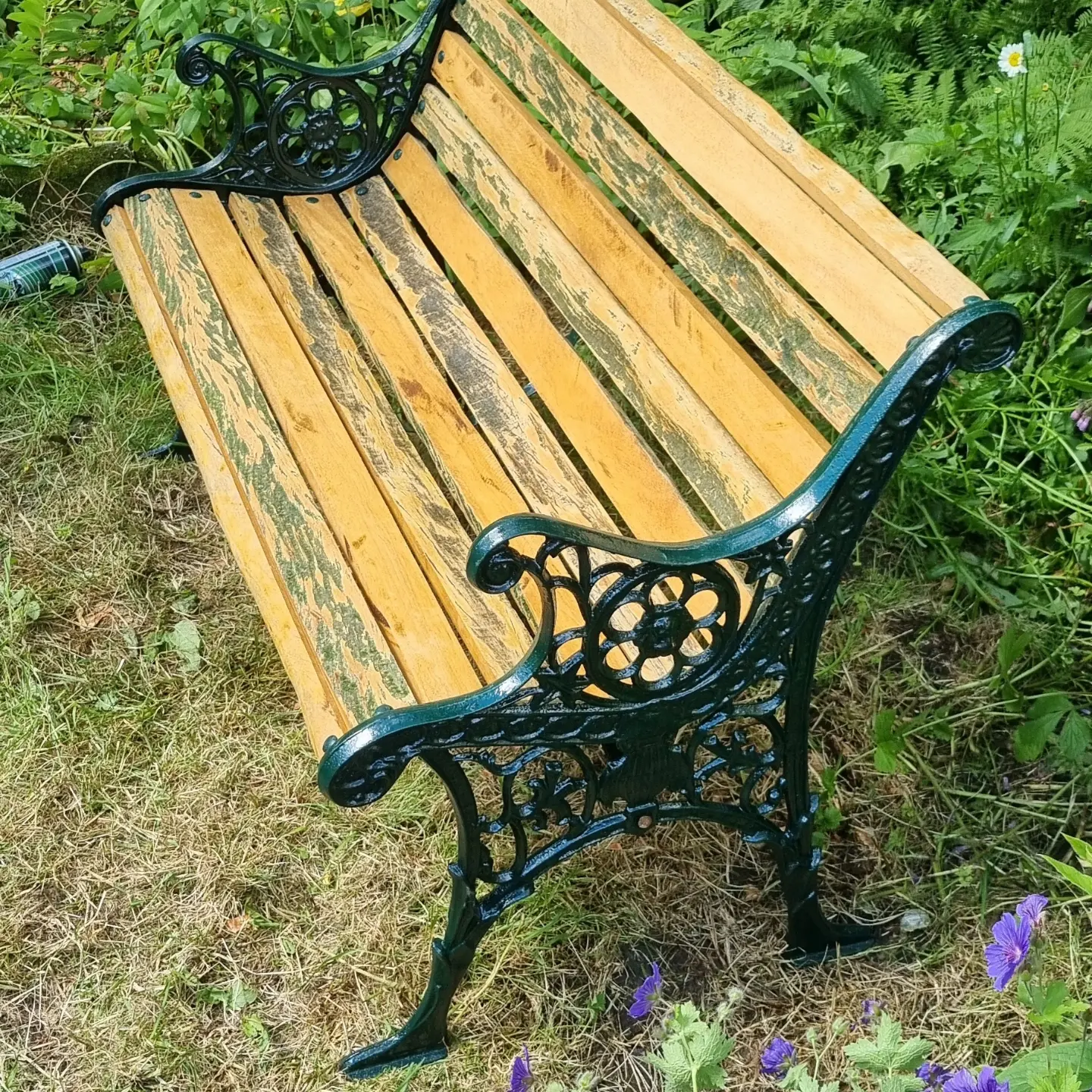 Before restoration — green cast iron bench