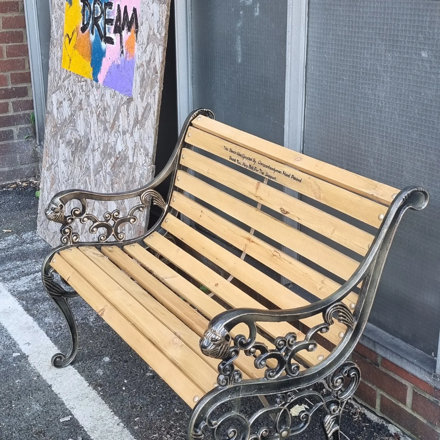 Upcycled bench outside — hand restored by ChristopherCanHandyman