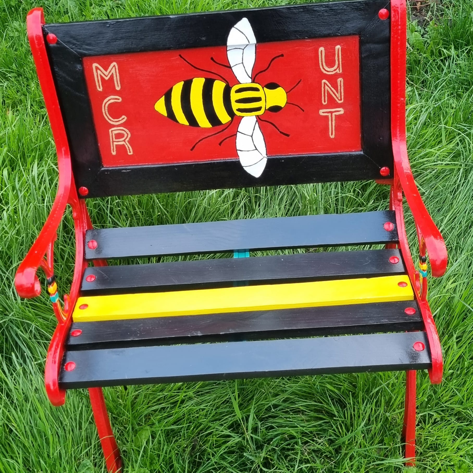 MCR Bee chair — red black and yellow mini chair with hand painted Manchester bee